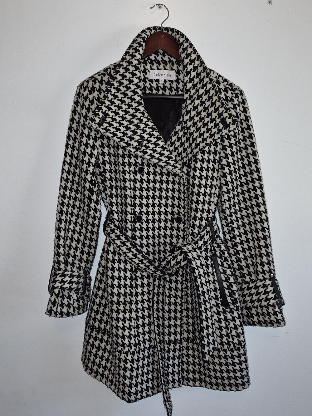 Calvin Klein Women's Black & White Houndstooth Belted Coat